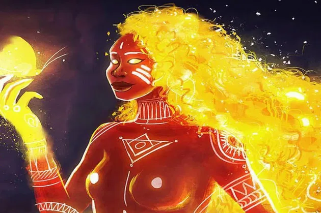 Representação artística da Mãe-de-Ouro como esfera luminosa entre montanhas, evocando proteção ancestral e temor reverente.